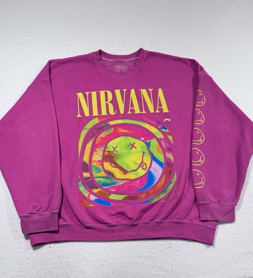 Nirvana Pink Spiral Smiley Face Crewneck Sweatshirt L/XL